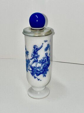 Avon Milk Glass Handled Footed Pedestal Cup Bud Vase 6.5” Toile Blue Design